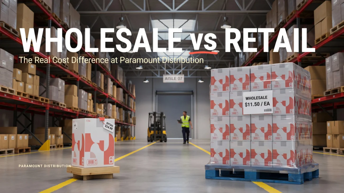 Warehouse comparing wholesale and retail pricing with boxed products.