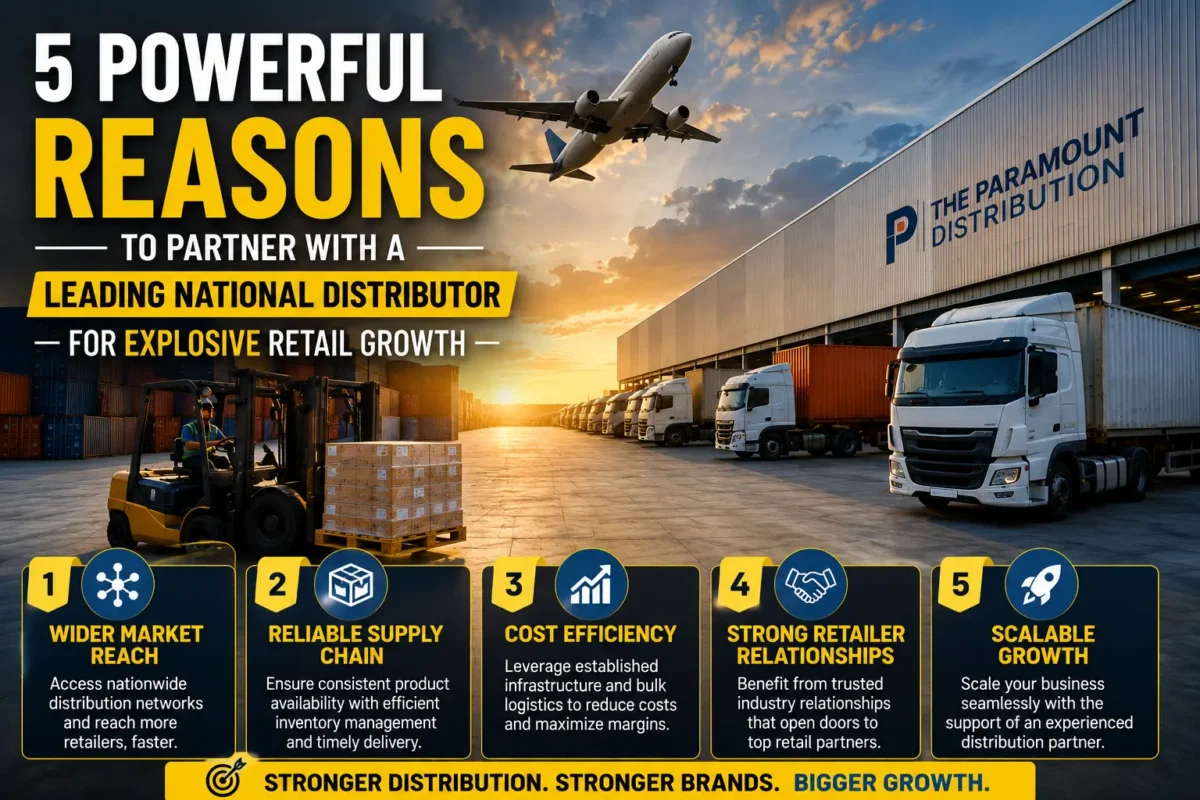 Infographic showing five powerful reasons to partner with a leading national distributor, featuring a modern warehouse, cargo trucks, forklift, shipping containers, and cargo aircraft to support retail growth and supply chain success.