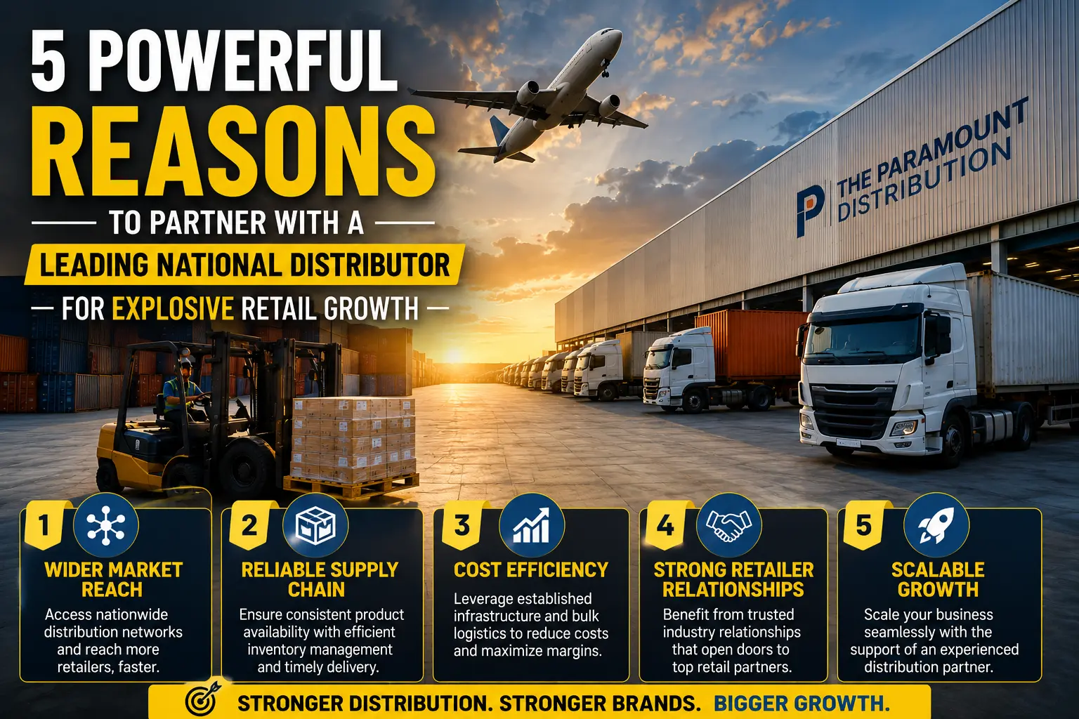 Infographic showing five powerful reasons to partner with a leading national distributor, featuring a modern warehouse, cargo trucks, forklift, shipping containers, and cargo aircraft to support retail growth and supply chain success.