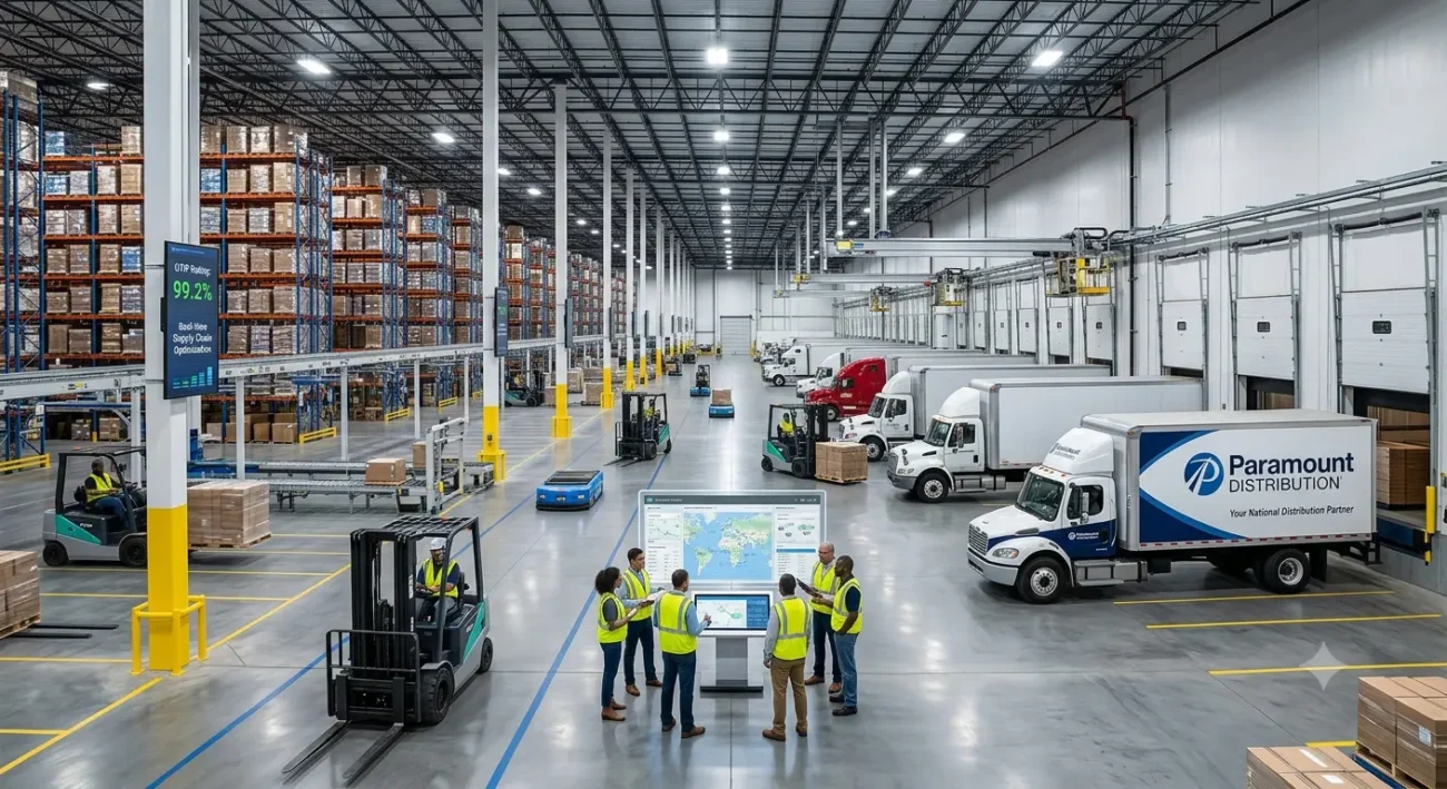 Modern national distribution warehouse with cargo trucks, a forklift transporting palletized goods, shipping containers, and a cargo aircraft, showcasing the best product to sell on Amazon through efficient logistics and nationwide distribution.
