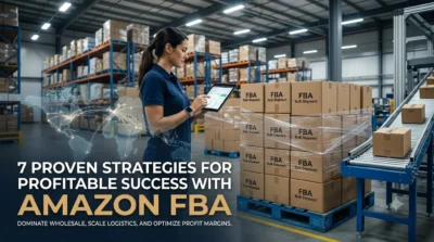 Professional woman managing Amazon FBA wholesale inventory in a modern fulfillment center with bulk shipment boxes and digital supply chain tracking.