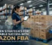 Professional woman managing Amazon FBA wholesale inventory in a modern fulfillment center with bulk shipment boxes and digital supply chain tracking.