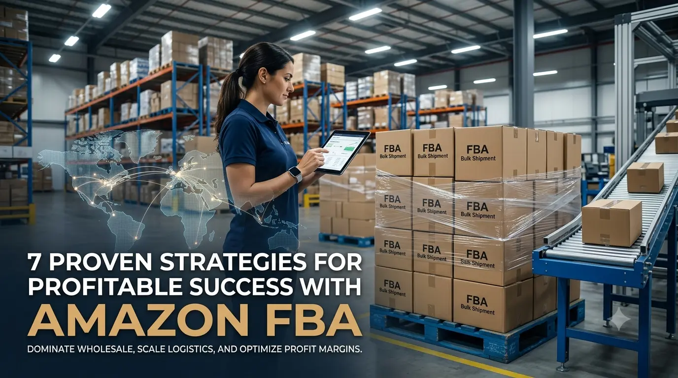 Professional woman managing Amazon FBA wholesale inventory in a modern fulfillment center with bulk shipment boxes and digital supply chain tracking.