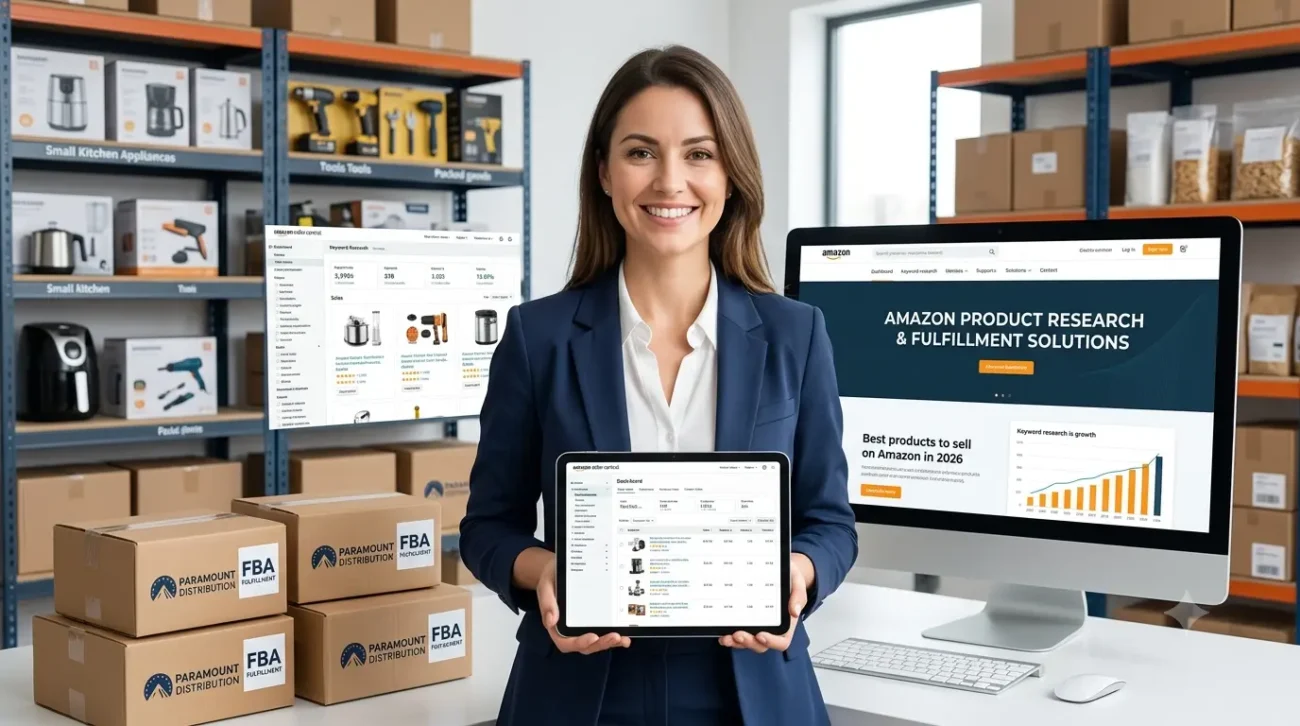 Best products to sell on Amazon displayed on an Amazon FBA product research dashboard with Paramount Distribution fulfillment and inventory management services.
