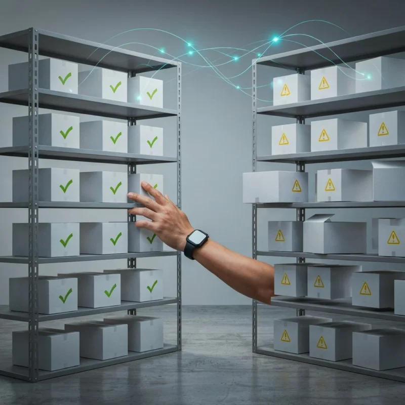 Conceptual Amazon FBA competitive audit image featuring organized premium shelving with green-checkmarked boxes versus disorganized competitor shelving with warning triangles, an analyst's hand selecting the left shelf, and glowing data connectivity lines overhead.