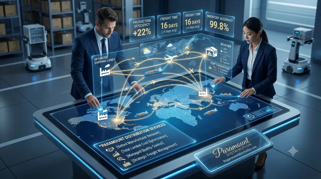 Supply chain managers using an interactive digital map at Paramount Distribution to track factory manufacturing and freight shipping routes.