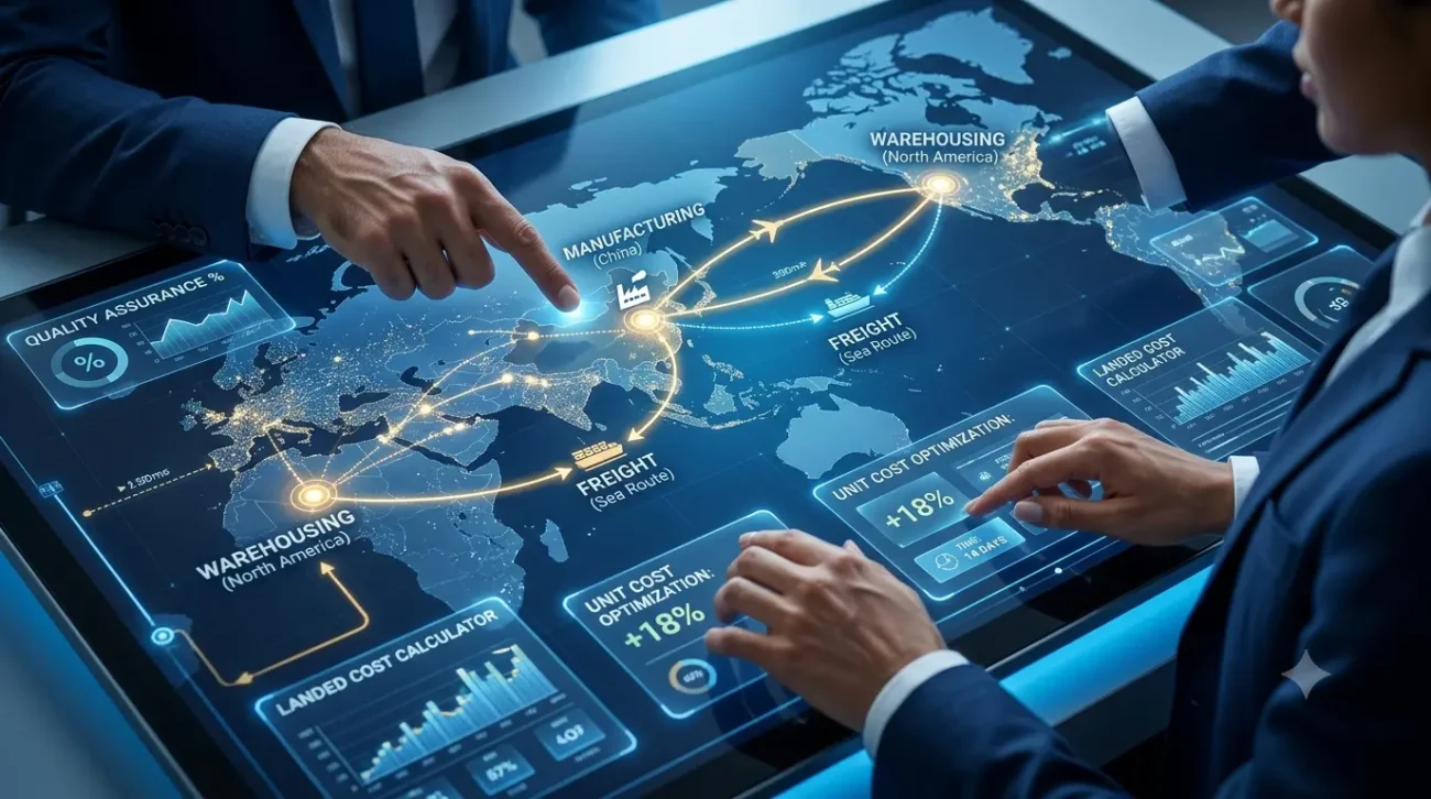 Strategic supply chain team analyzing a digital dashboard map displaying global product sourcing routes and landed cost metrics.