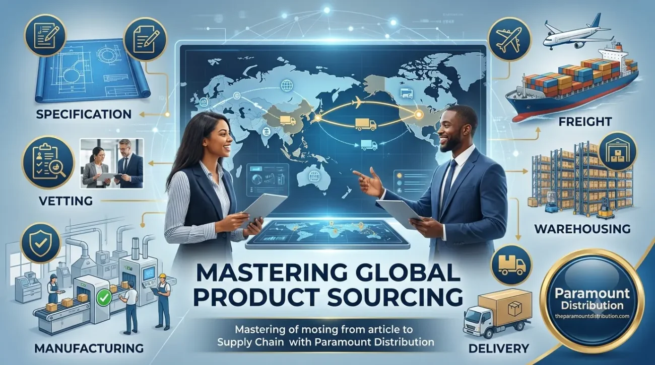 Illustrated diagram of the global product sourcing lifecycle managed by Paramount Distribution, featuring cargo transport, manufacturing, and warehouse logistics
