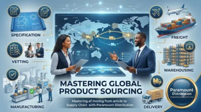 Illustrated diagram of the global product sourcing lifecycle managed by Paramount Distribution, featuring cargo transport, manufacturing, and warehouse logistics